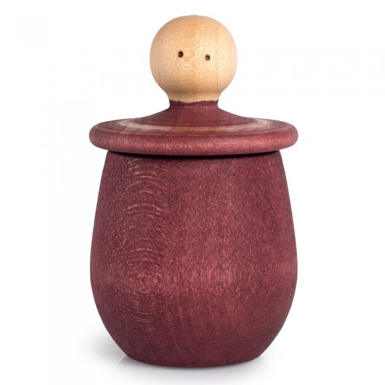 Red Grapat Little Thing wooden pot with lid flipped over, revealing face underneath, on a white background.