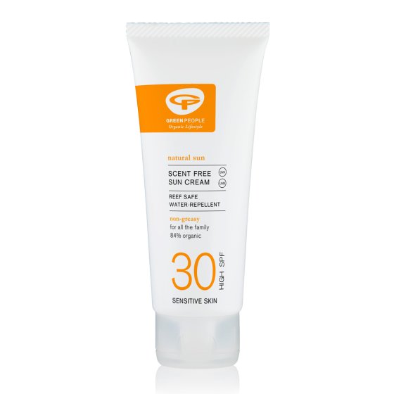 Green People Organic Mineral Sun Cream Scent Free SPF30 100ml, in a white plant-based tube, on a white background