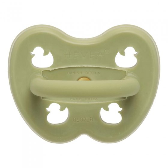 Hevea Orthodontic hunter green chemical-free pacifier with duck cut outs on a white background