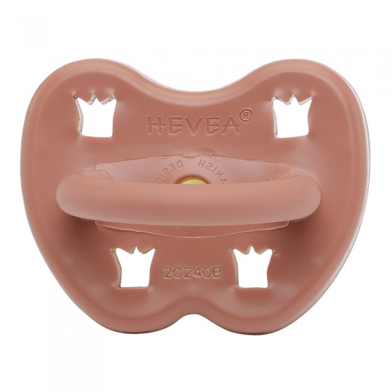 Hevea Elves Red BPA Free, chemical free baby dummy with crown cut-outs and handle on a white background
