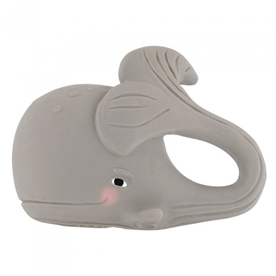 Hevea Gorm the Whale natural rubber grey teething baby toy on a white background