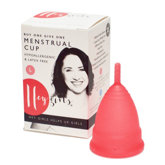 Hey Girls menstrual silicone cup in large in red next to it's box on a white background