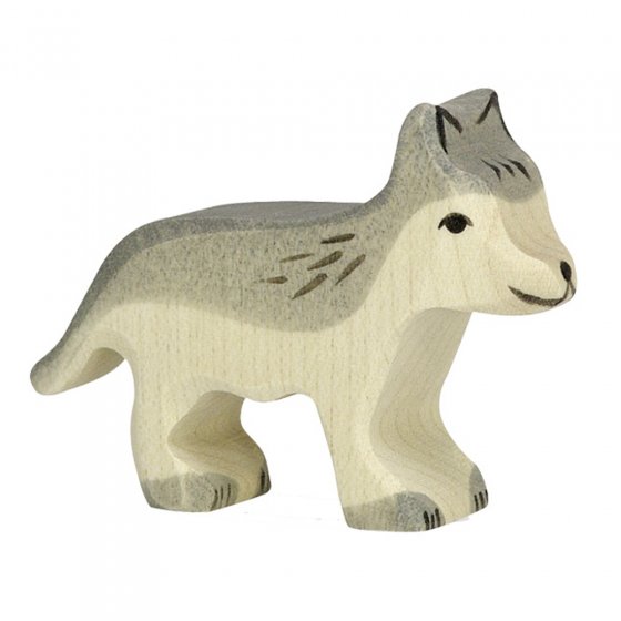 Holztiger handmade plastic free wooden small wolf animal toy on a white background