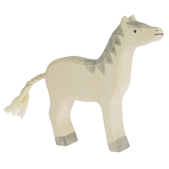 Holztiger eco-friendly wooden horse toy with a grey main and raised head stood on a white background