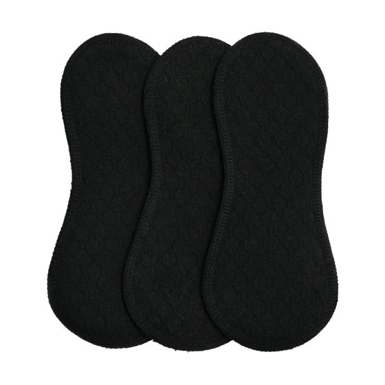 3 black Imse Vimse mini reusable period pads on a white background