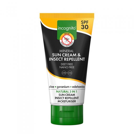 Incognito 30 SPF insect repellent suncream bottle on a white background