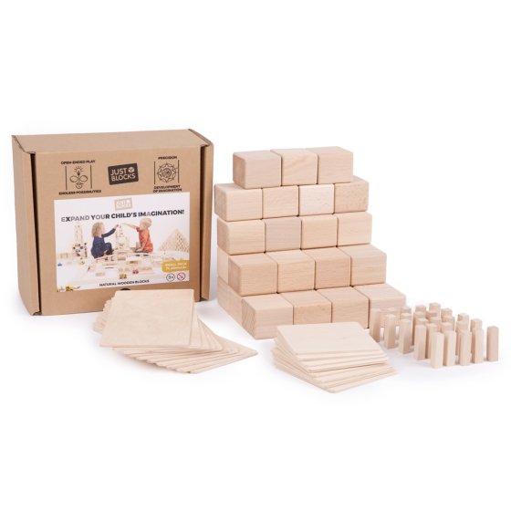 Just blocks eco-friendly 74 piece wooden toy blocks set on a white background next to its cardboard box