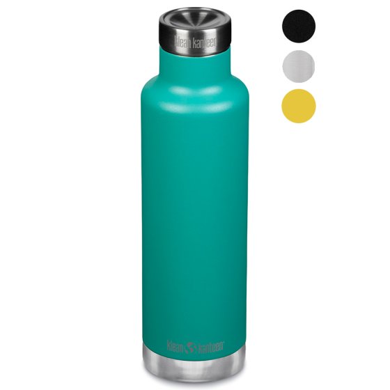 Klean kanteen 25oz/750ml classic insulated stainless steel bottle with a pour-through lid on a white background