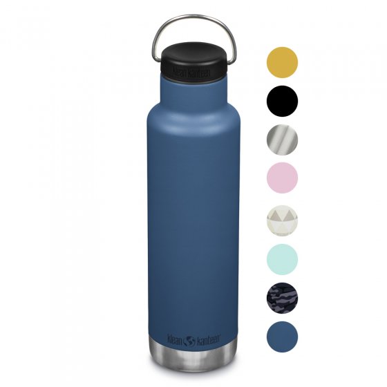 Klean Kanteen 20oz insulated classic stainless steel drinks bottle on a white background next to some circle colour pallets