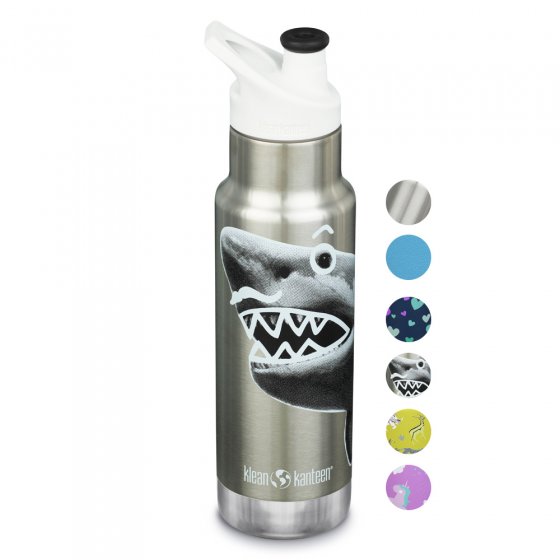Kid Kanteen 12oz stainless steel reusable water bottle on a white background next to some colour pallet circles