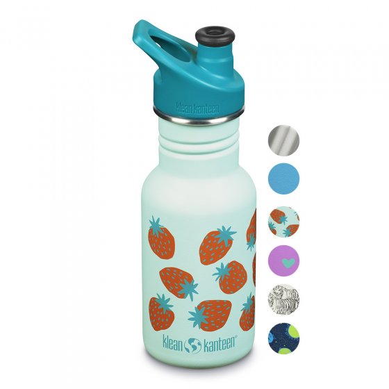 Kid Kanteen 12oz classic narrow sports cap steel drinks bottle on a white background next to some colour pallet circles
