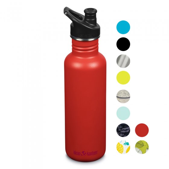 Klean Kanteen 27oz steel reusable water bottle on a white background next to some coloured pallet circles 