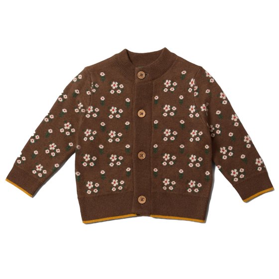 LGR autumn flowers brown button up cardigan with white flowers. white background