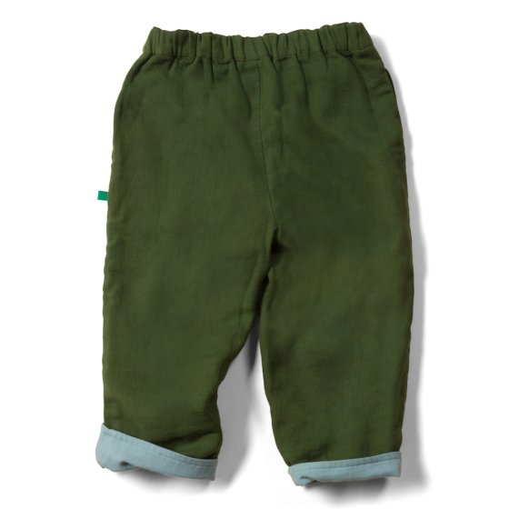 Little Green Radicals organic cotton olive green day after day reversible trousers on a white background