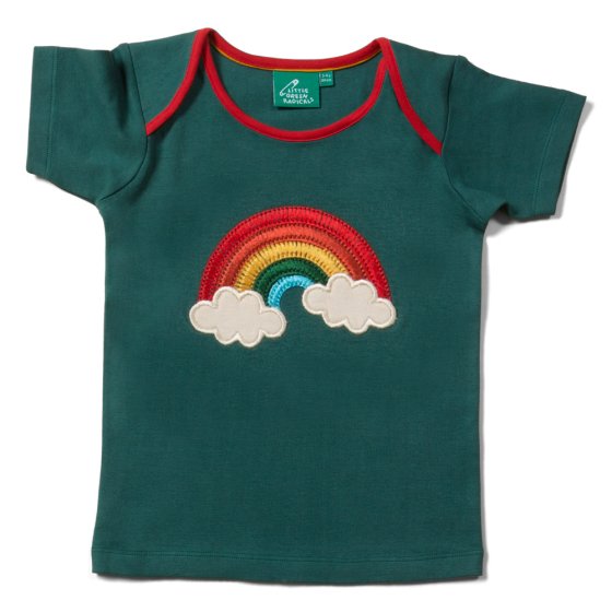 Little Green Radicals childrens over the rainbow organic cotton applique t-shirt laid out on a white background
