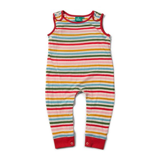 Little Green Radicals childrens eco-friendly rainbow striped dungarees on a white background