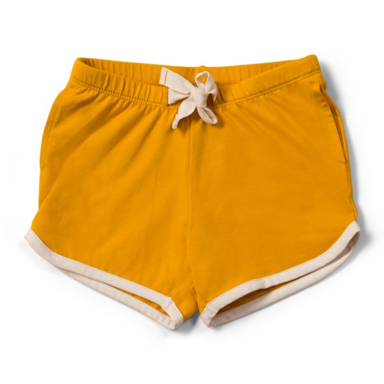 Front of the little green radicals kids gold run around shorts on a white background