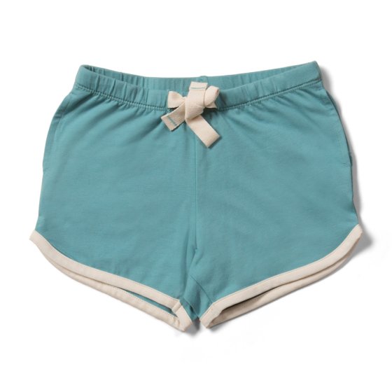 Front of the Little Green Radicals childrens sky blue run around shorts on a white background