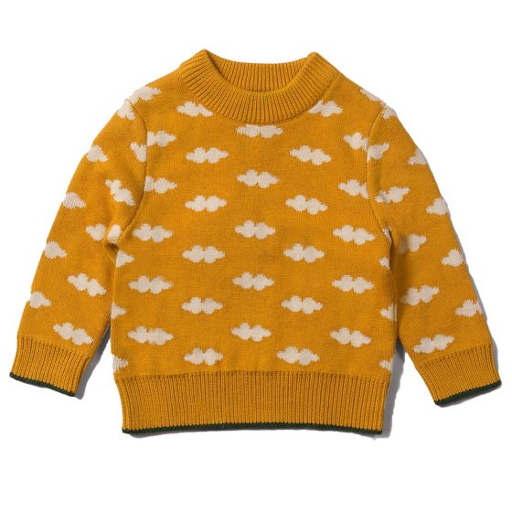 LGR yellow childrens snuggly jumper with white clouds all over. white background
