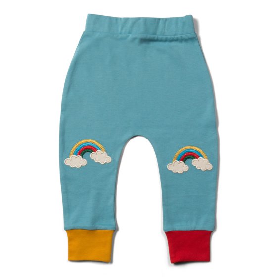 Little green radicals organic fairtrade cotton blue sky knee patch joggers on a white background