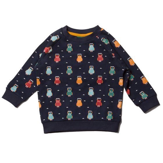 LGR organic cotton navy jumper with little monsters printed all over. white background