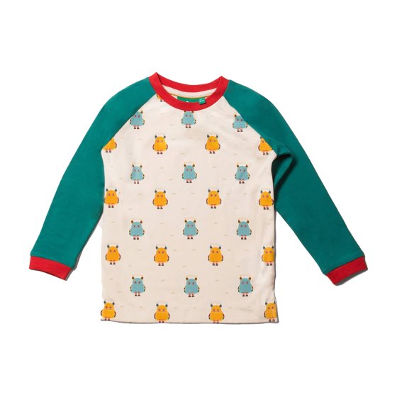 LGR little monsters long sleeve green and cream raglan organic cotton top. white background