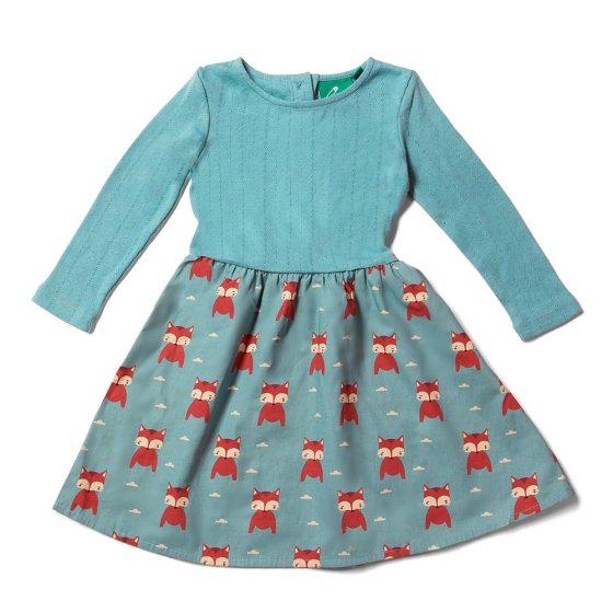 LGR long sleeve little twirler dress in blue with foxes on skirt. white backgorund