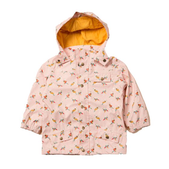 LGR origami bird eco-friendly childrens pink waterproof rain jacket laid out on a white background
