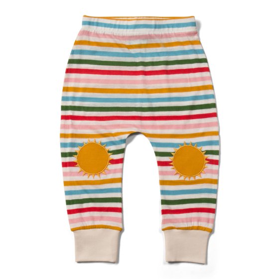 Little green radicals fairtrade organic cotton kids knee patch rainbow joggers on a white background