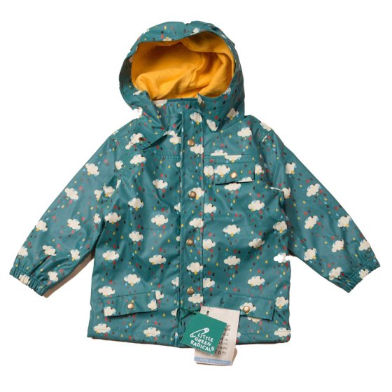 LGR childrens recycled plastic falling water rain jacket laid out on a white background