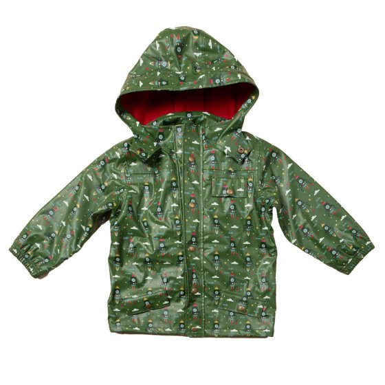 LGR Rocket to the Stars childrens waterproof rain coat laid out on a white background