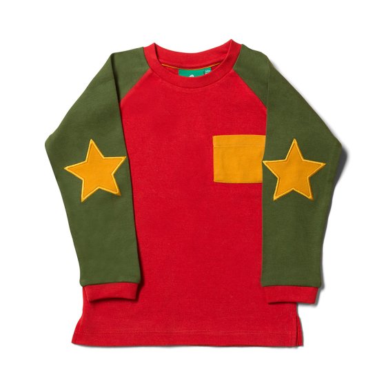 LGR red and green raglan top with yellow pocket and patch elbows. white background