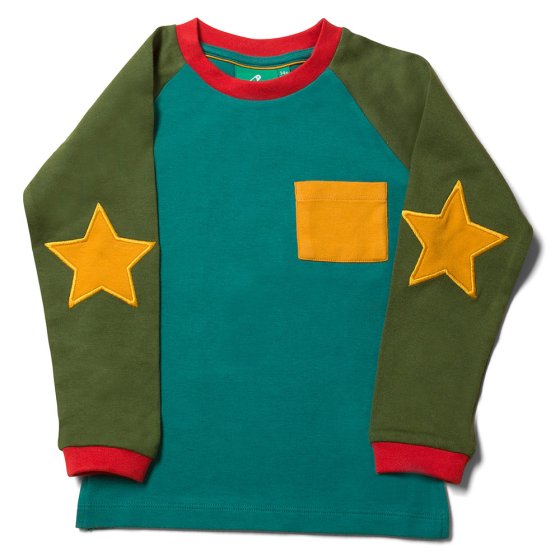 LGR sea green raglan organic cotton top with star appliques and yellow pocket. white background