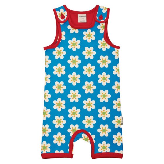 kids blue short dungarees with the white anemone print from maxomorra