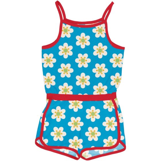 kids blue organic cotton short jumpsuit with the anemone print from maxomorra 