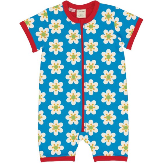 blue organic cotton short sleeve rompersuit with the anemone print from maxomorra