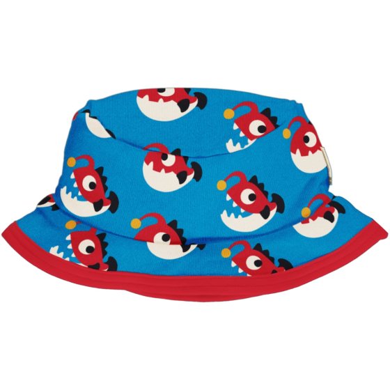 Maxomorra Anglerfish Organic Sun Hat. A bright blue base, with red and white anglerfish print and contrasting red piping. Pictured on white background