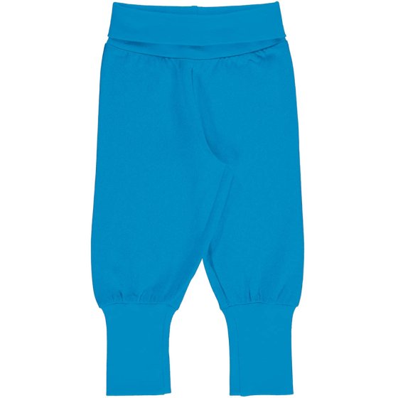 Maxomorra childrens organic cotton rib pants in azure blue laid out on a white background