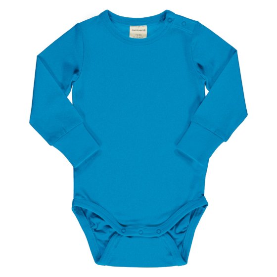 Maxomorra azure blue organic cotton long sleeve baby body suit laid out on a white background