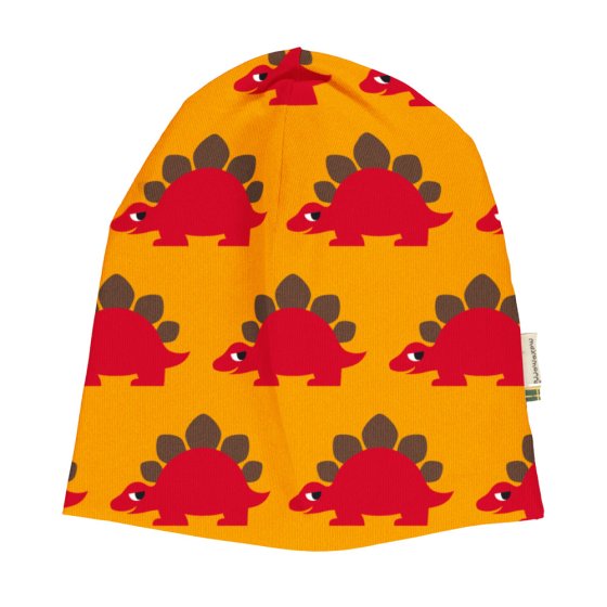 Maxomorra childrens organic gots cotton beanie hat in the classic dino print on a white background