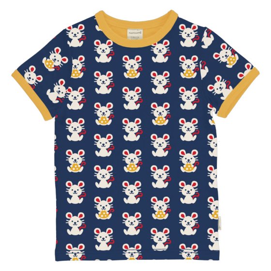 Maxomorra short sleeve organic cotton childrens top in the mouse print on a white background