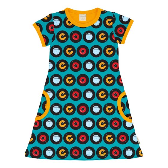 Maxomorra organic gots cotton short sleeve childrens dress in the classic LP print on a white background
