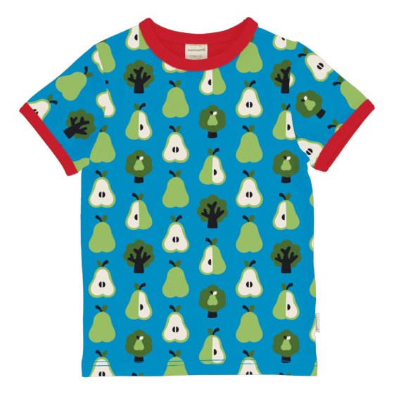 Maxomorra childrens organic cotton short sleeve top in the pear print on a white background