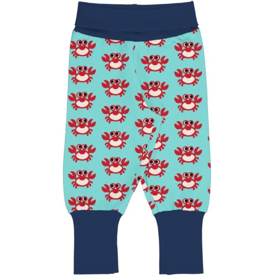 blue organic cotton rib pants with the crab print and navy extendable cuffs and waist from maxomorra