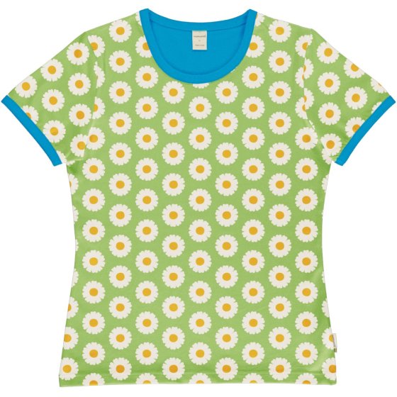 green organic cotton women's fit short sleeve top with the daisy print and blue trim from maxomorra