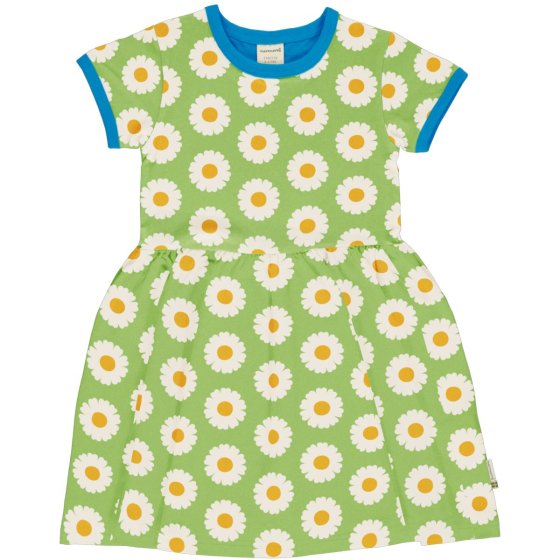 green organic cotton short sleeve spin dress with the daisy print and blue trim from maxomorra