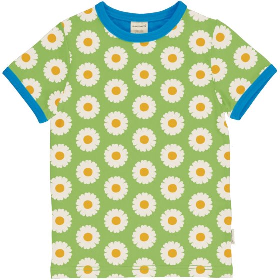 green short sleeve children top with the daisy print and blue trim from maxomorra