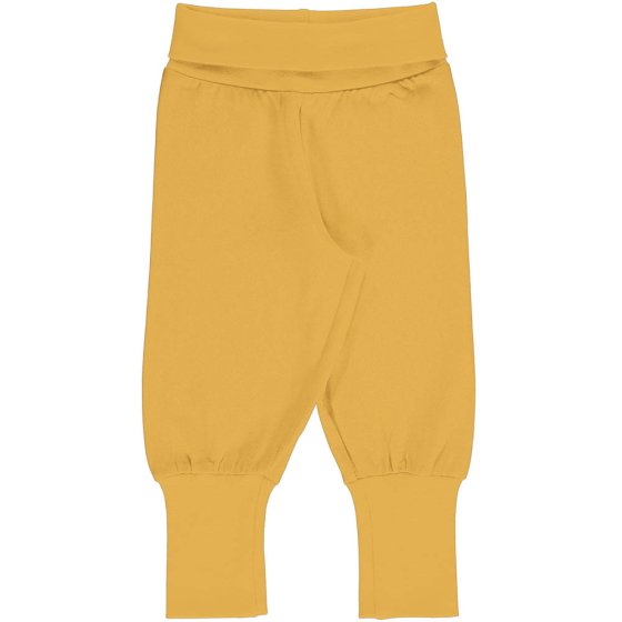 Maxomorra childrens organic cotton rib pants in desert yellow on a white background