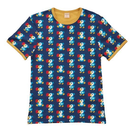 navy blue organic cotton men's fit t-shirt with the dodo print and yellow trim from maxomorra