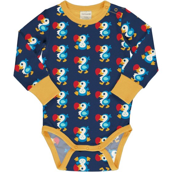 navy blue organic cotton long sleeve body with the dodo print and yellow trim from maxomorra